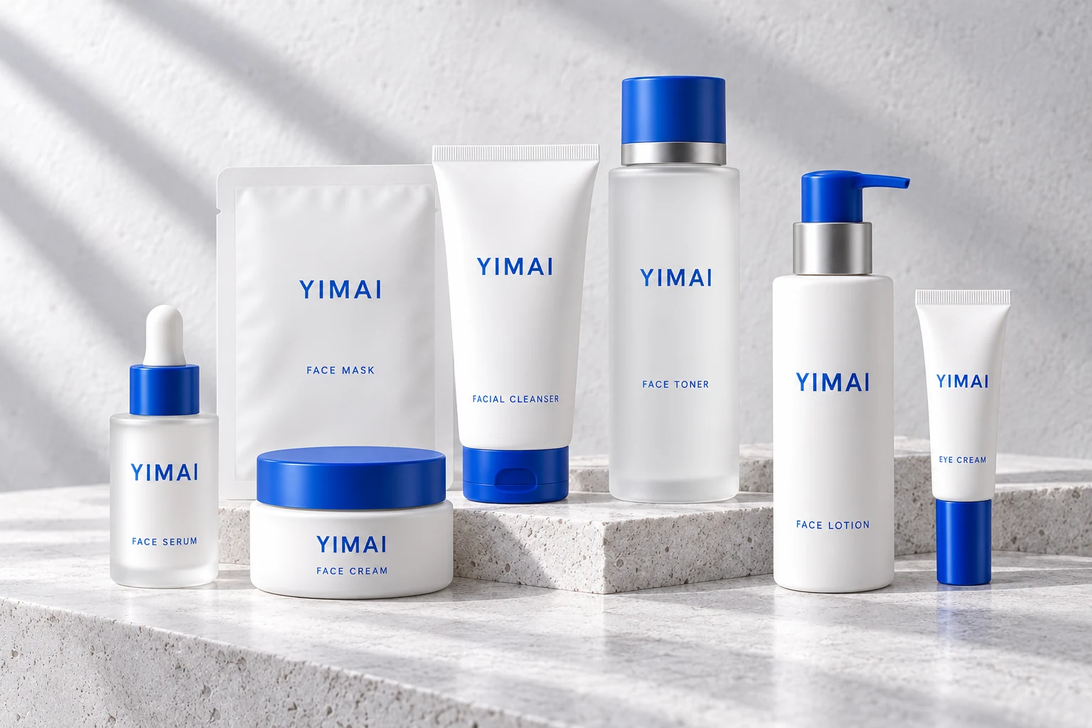 The YIMAI skincare collection on natural stone