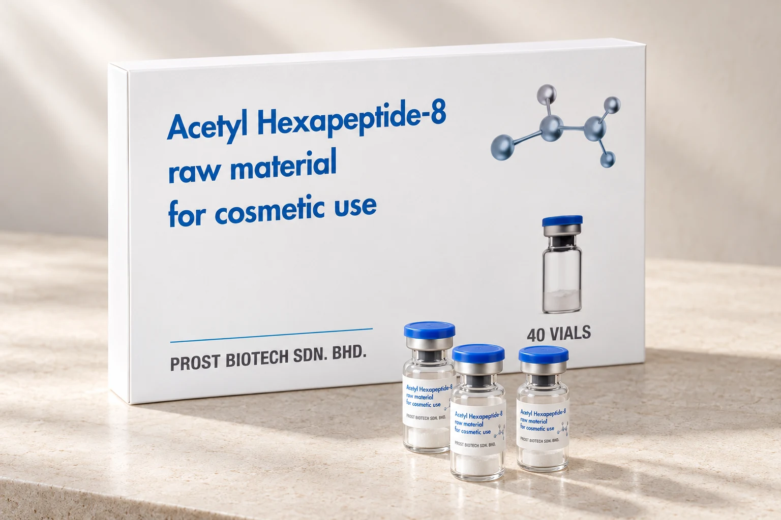 Acetyl Hexapeptide-8 freeze-dried powder in blue-cap glass vials with its original white carton design