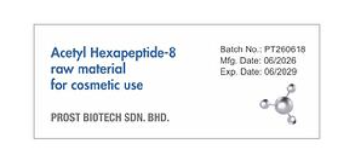 Vial label reading Acetyl Hexapeptide-8 raw material for cosmetic use, with spaces for batch, manufacture date and expiry.